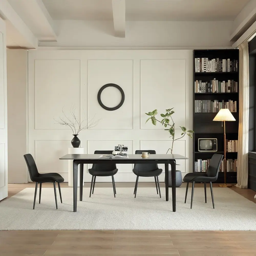 Dining Chairs Set of 4 Black, Upholstered Faux Leather Mid Century Modern Kitchen Chair Comfortable Dining Room Chairs with Met