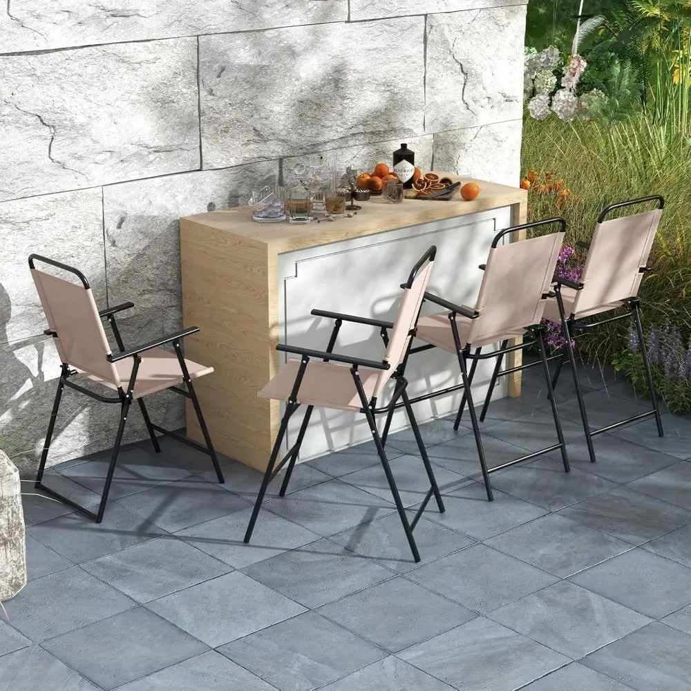 Outdoor Folding Bar Chair Set of 4, Counter-Height Patio Chairs with Backrest, Armrests, Footrest, Metal Frame, Patio Furniture