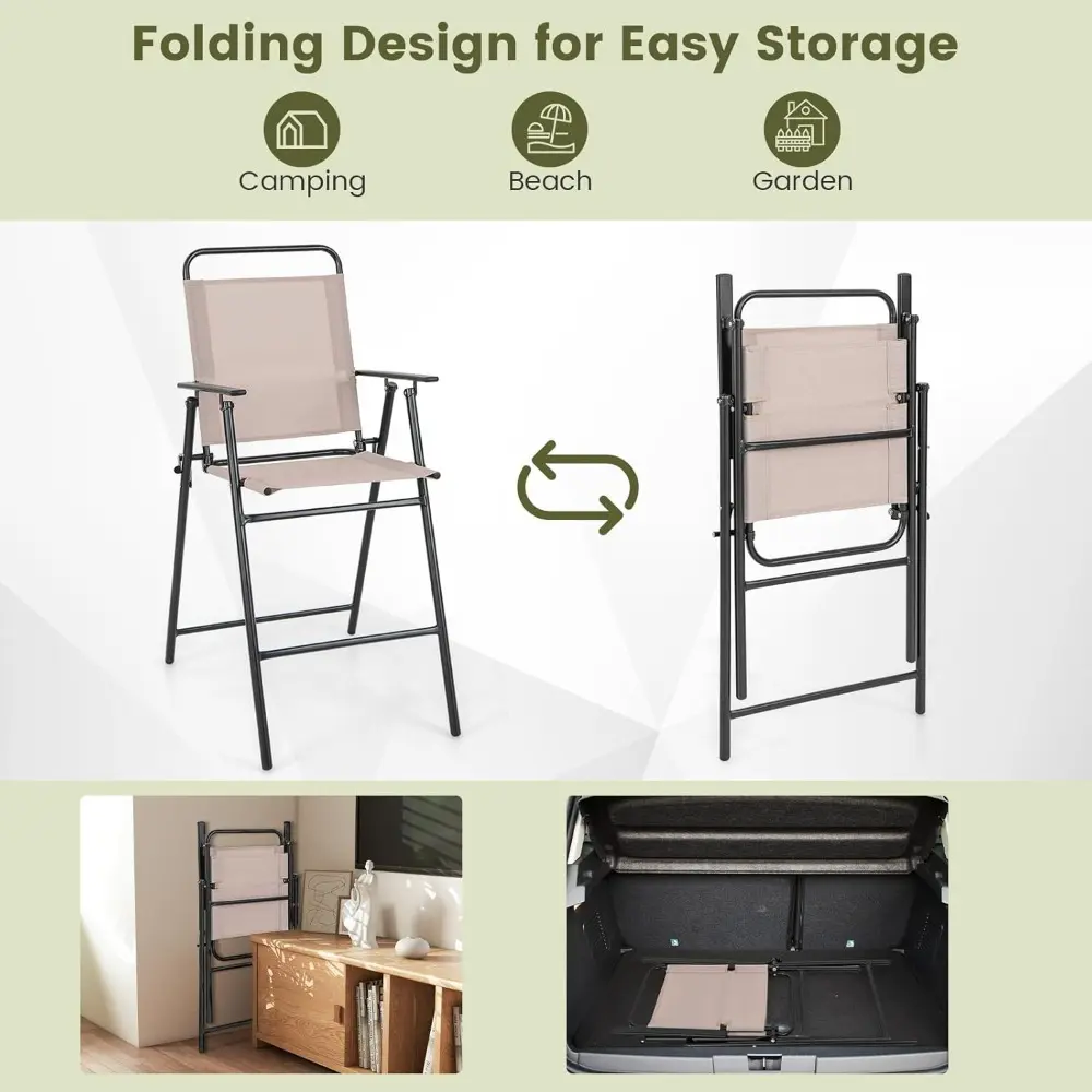 Outdoor Folding Bar Chair Set of 4, Counter-Height Patio Chairs with Backrest, Armrests, Footrest, Metal Frame, Patio Furniture