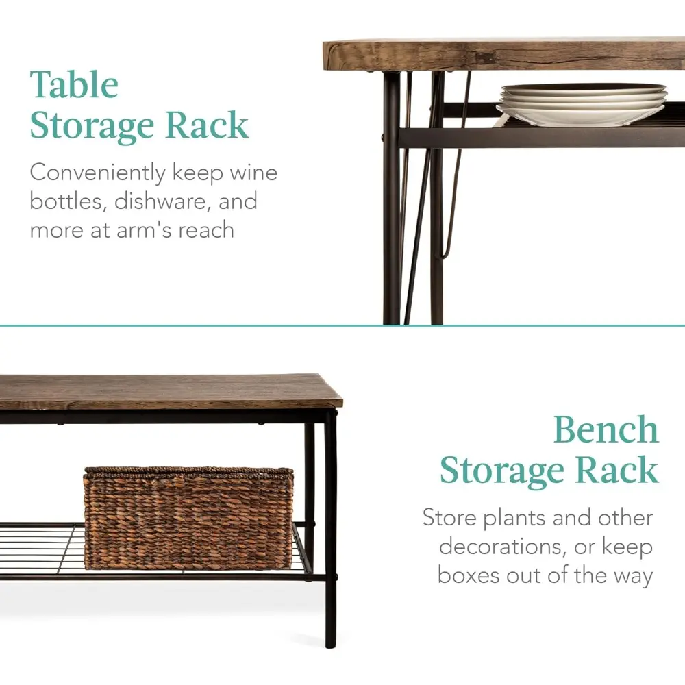 6-Piece 55in Modern Dining Set for Home, Kitchen, Dining Room w/Storage Racks, Rectangular Table, Bench, 4 Chairs, Steel Frame