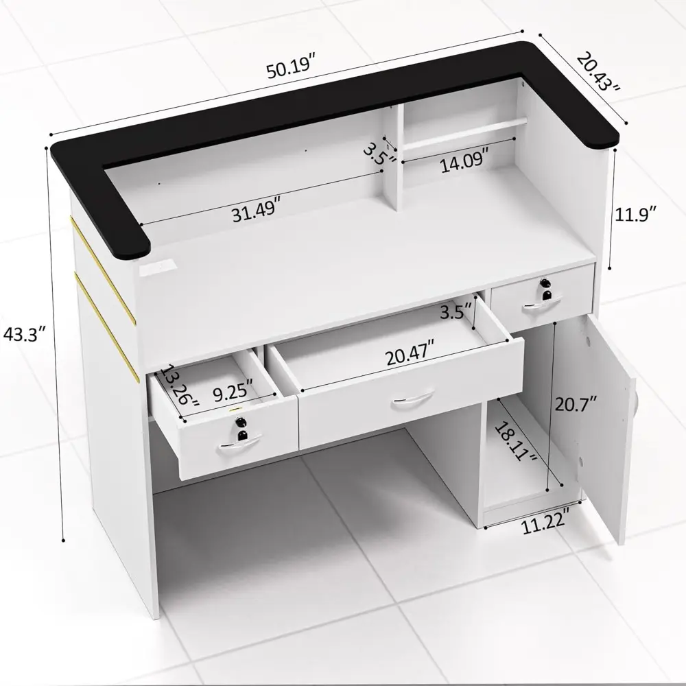 Reception Desk with Counter, Modern Front Table Equipped Lockers & Storage Shelves, 50-inch Checkout Counter with LED Lights &