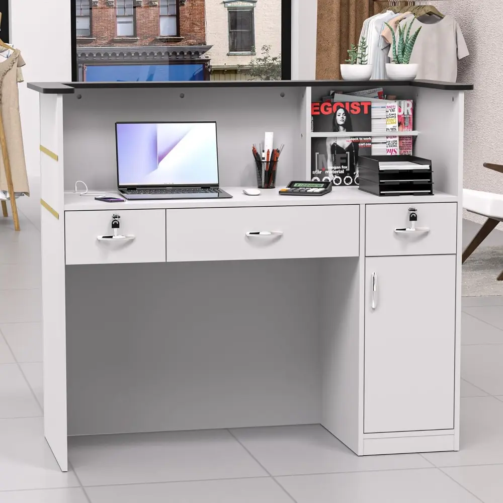 Reception Desk with Counter, Modern Front Table Equipped Lockers & Storage Shelves, 50-inch Checkout Counter with LED Lights &
