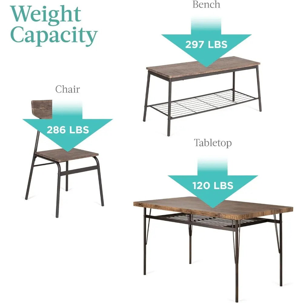 6-Piece 55in Modern Dining Set for Home, Kitchen, Dining Room w/Storage Racks, Rectangular Table, Bench, 4 Chairs, Steel Frame