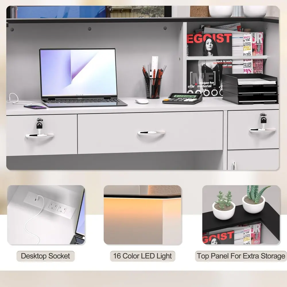 Reception Desk with Counter, Modern Front Table Equipped Lockers & Storage Shelves, 50-inch Checkout Counter with LED Lights &