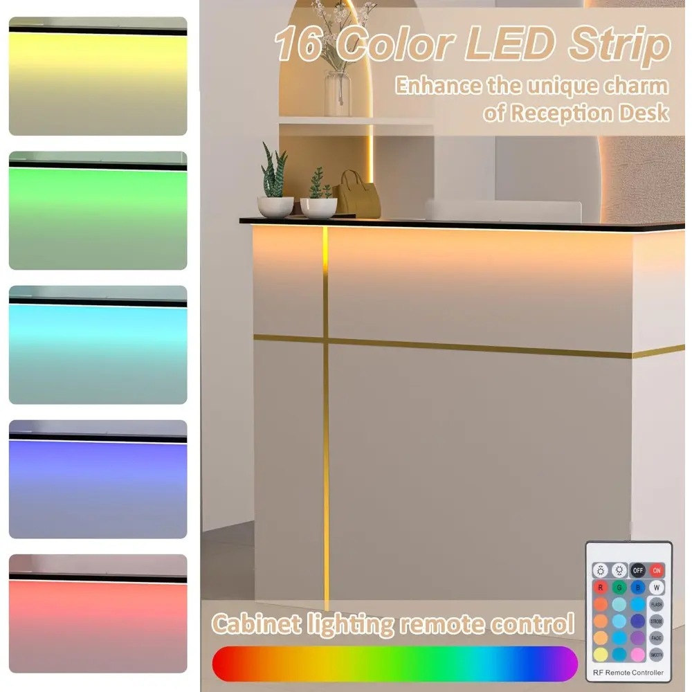 Reception Desk with Counter, Modern Front Table Equipped Lockers & Storage Shelves, 50-inch Checkout Counter with LED Lights &