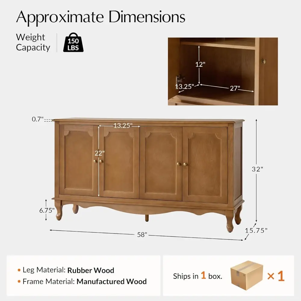 Sideboard Buffet Cabinet with Storage, 58" Kitchen farmhouse Wood Credenza Storage Cabinet with 4 Doors and 2 Shelves, Accent C