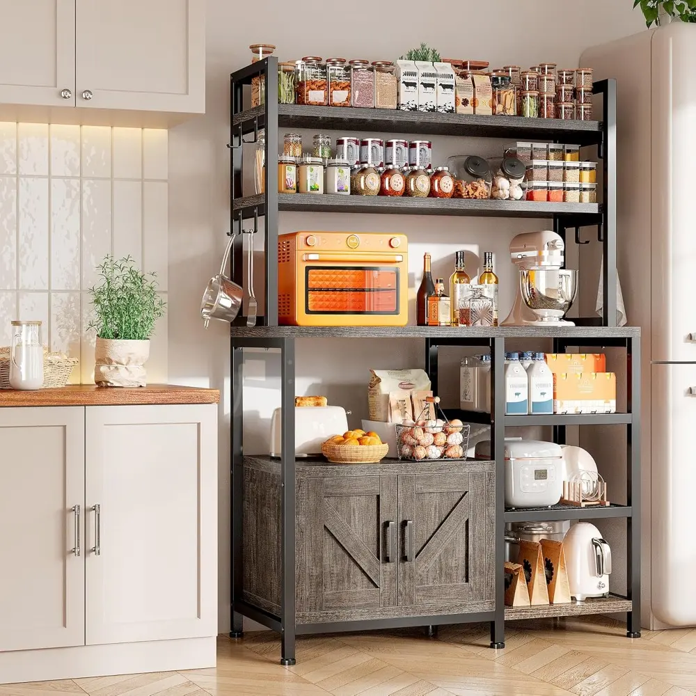 Bakers Rack for Kitchen with Storage, 6 Tier Coffee Bar with Storage Cabinet, Microwave Stand with Large Capacity and Side Hook