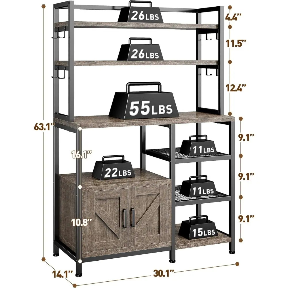 Bakers Rack for Kitchen with Storage, 6 Tier Coffee Bar with Storage Cabinet, Microwave Stand with Large Capacity and Side Hook