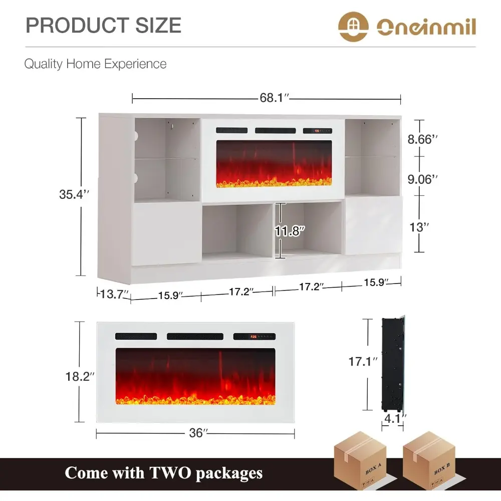 Fireplace TV Stand with 36” Electric Fireplace, 70” TV Console Stand for TVs Up to 80", LED Light Entertainment Center, Firepla