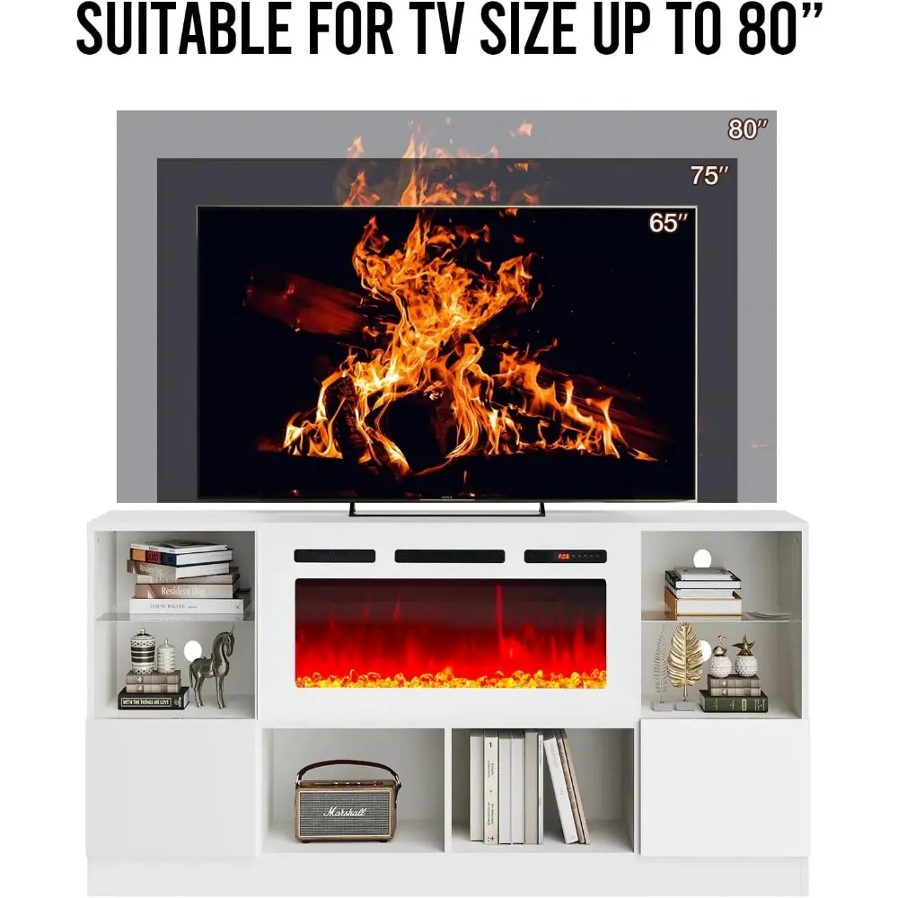 Fireplace TV Stand with 36” Electric Fireplace, 70” TV Console Stand for TVs Up to 80", LED Light Entertainment Center, Firepla