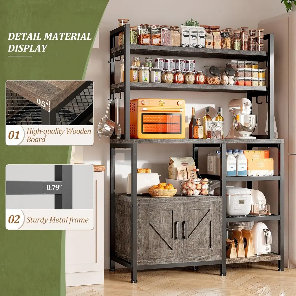 Bakers Rack for Kitchen with Storage, 6 Tier Coffee Bar with Storage Cabinet, Microwave Stand with Large Capacity and Side Hook