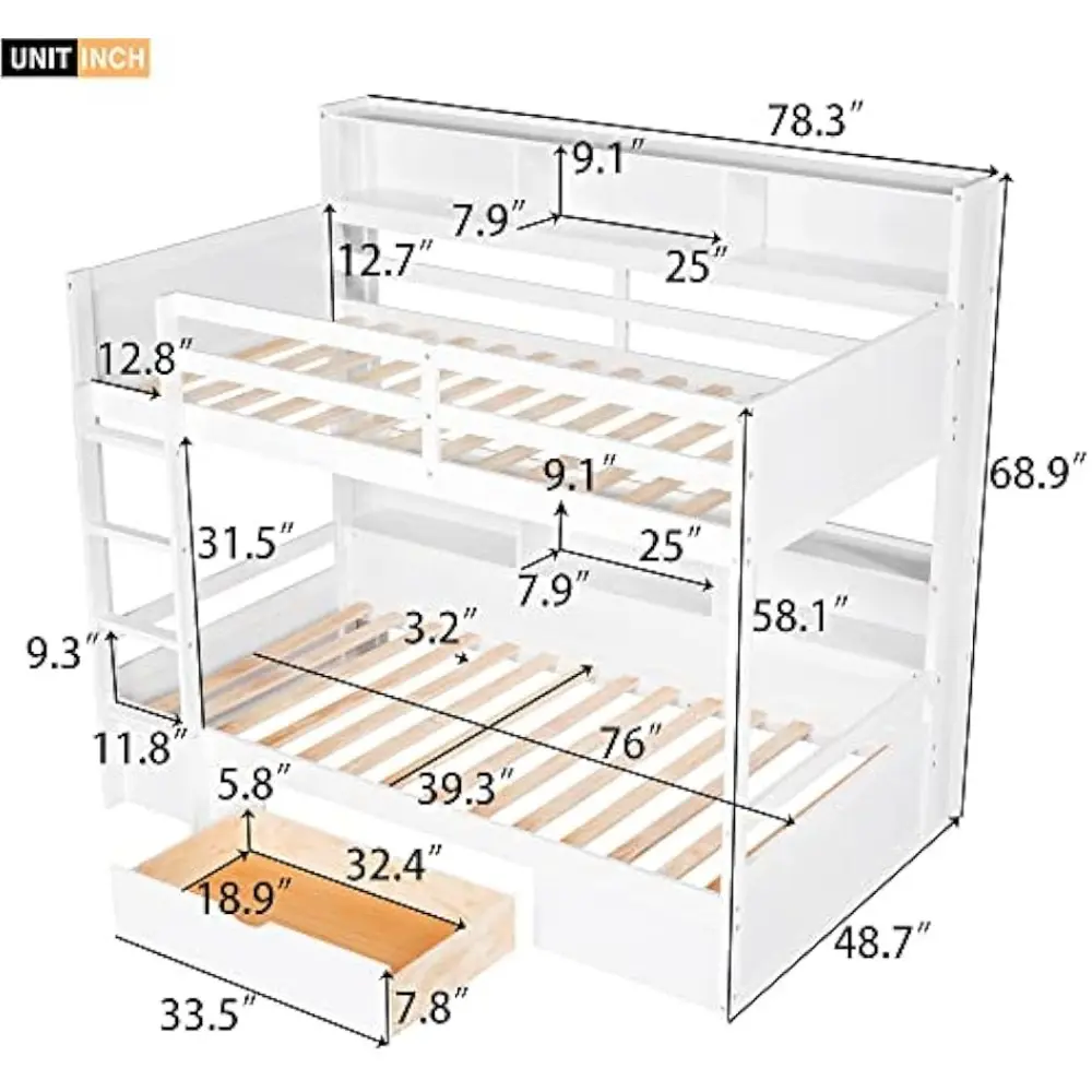 Harper & Bright Designs Twin Over Twin Bunk Bed with Storage Drawer, Solid Wood Bunk Bed with Built-in Shelves Beside Both Upper