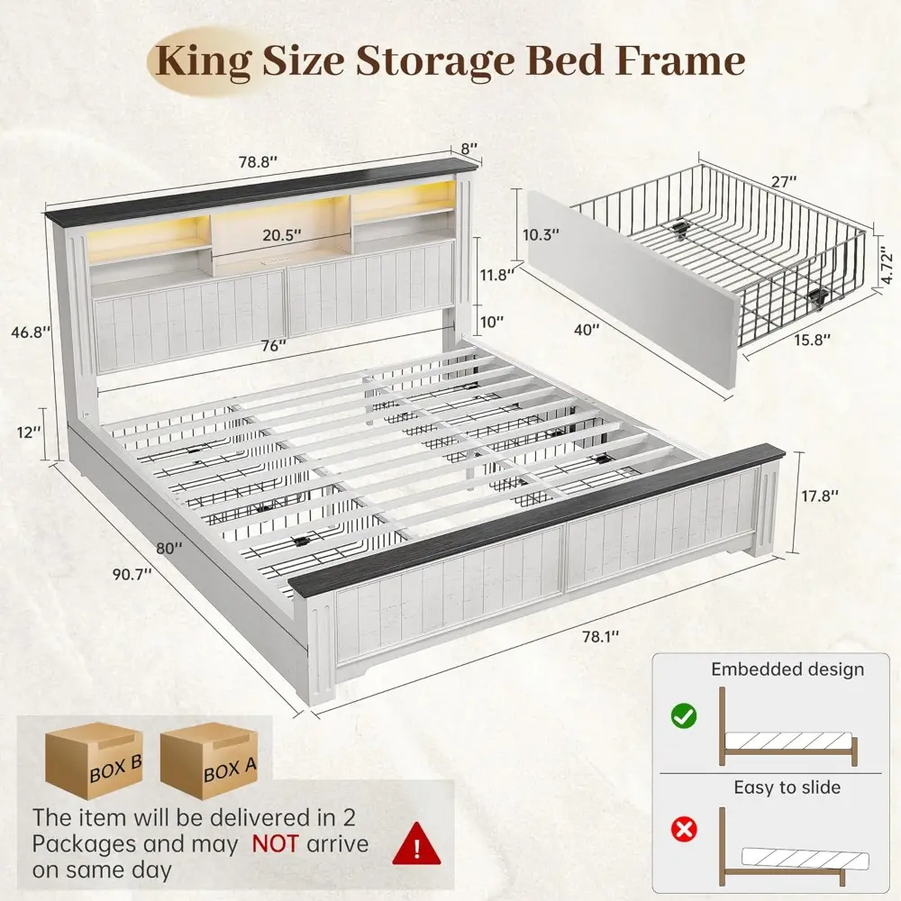 EnHomee King Size Bed Frame and Headboard, King Bed Frame with 4 Drawers USB & LED, Farmhouse Bed Built in Charging Station,No B