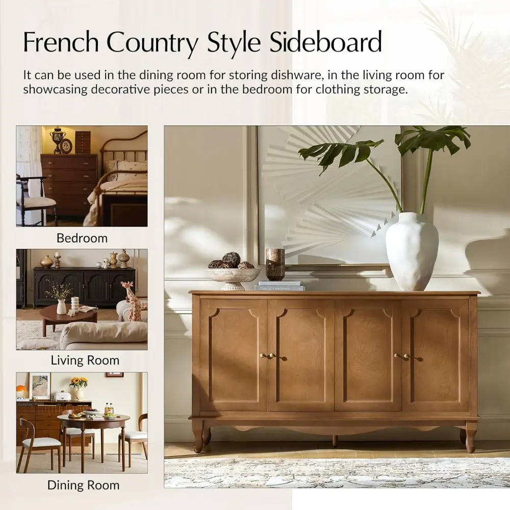 Sideboard Buffet Cabinet with Storage, 58" Kitchen farmhouse Wood Credenza Storage Cabinet with 4 Doors and 2 Shelves, Accent C