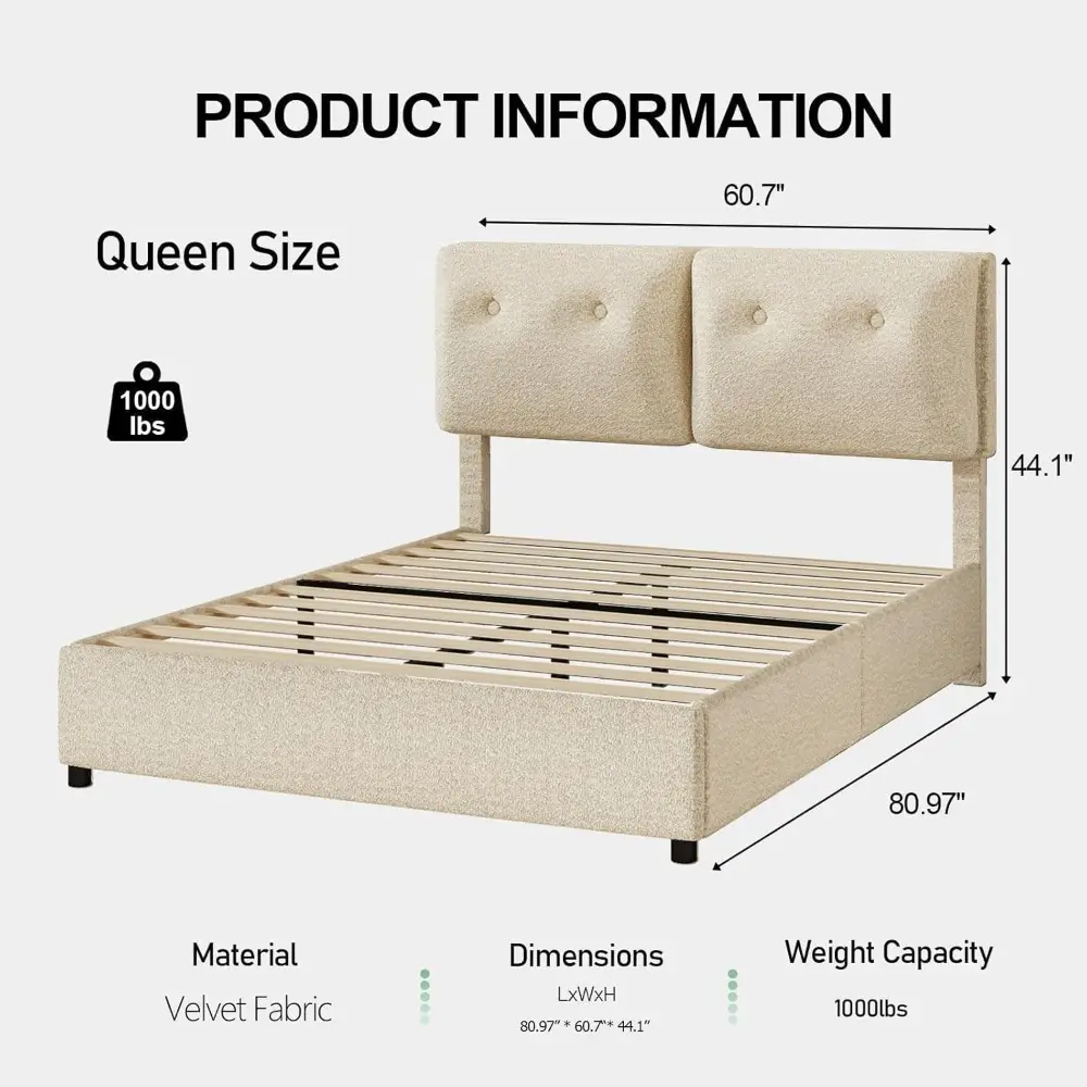Queen Bed Frame with Headboard, Upholstered Boucle Platform Bed with Headboard, Cloud Bed Frames with Soft Headboard, Wooden Sla