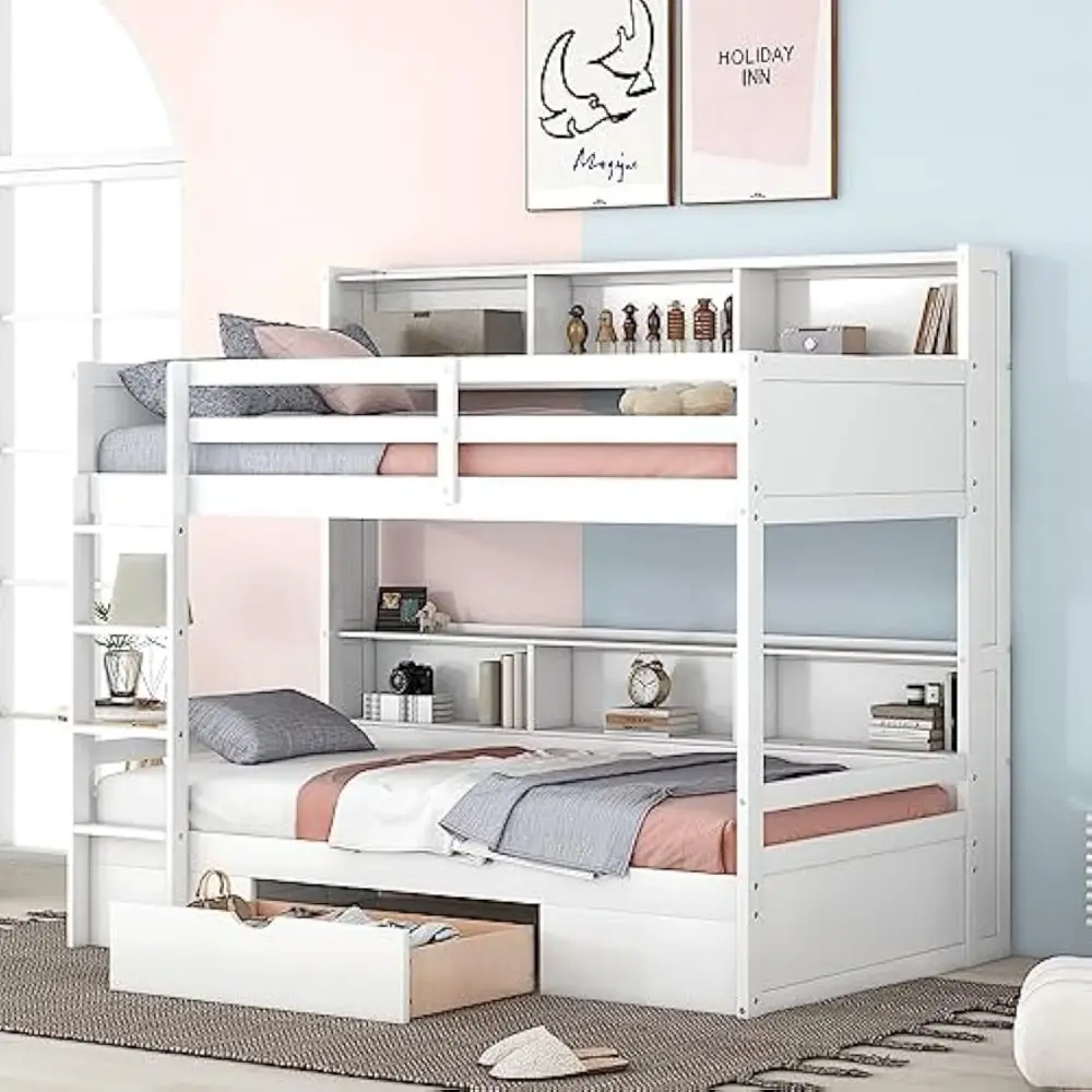 Harper & Bright Designs Twin Over Twin Bunk Bed with Storage Drawer, Solid Wood Bunk Bed with Built-in Shelves Beside Both Upper