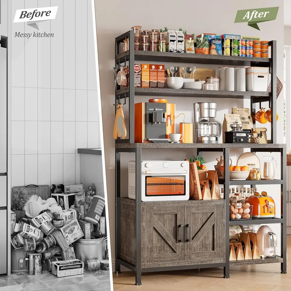 Bakers Rack for Kitchen with Storage, 6 Tier Coffee Bar with Storage Cabinet, Microwave Stand with Large Capacity and Side Hook