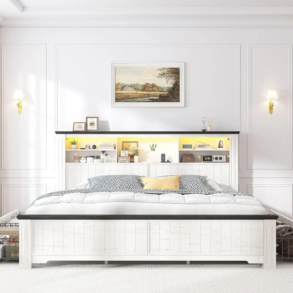 EnHomee King Size Bed Frame and Headboard, King Bed Frame with 4 Drawers USB & LED, Farmhouse Bed Built in Charging Station,No B