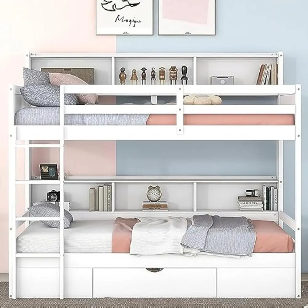 Harper & Bright Designs Twin Over Twin Bunk Bed with Storage Drawer, Solid Wood Bunk Bed with Built-in Shelves Beside Both Upper