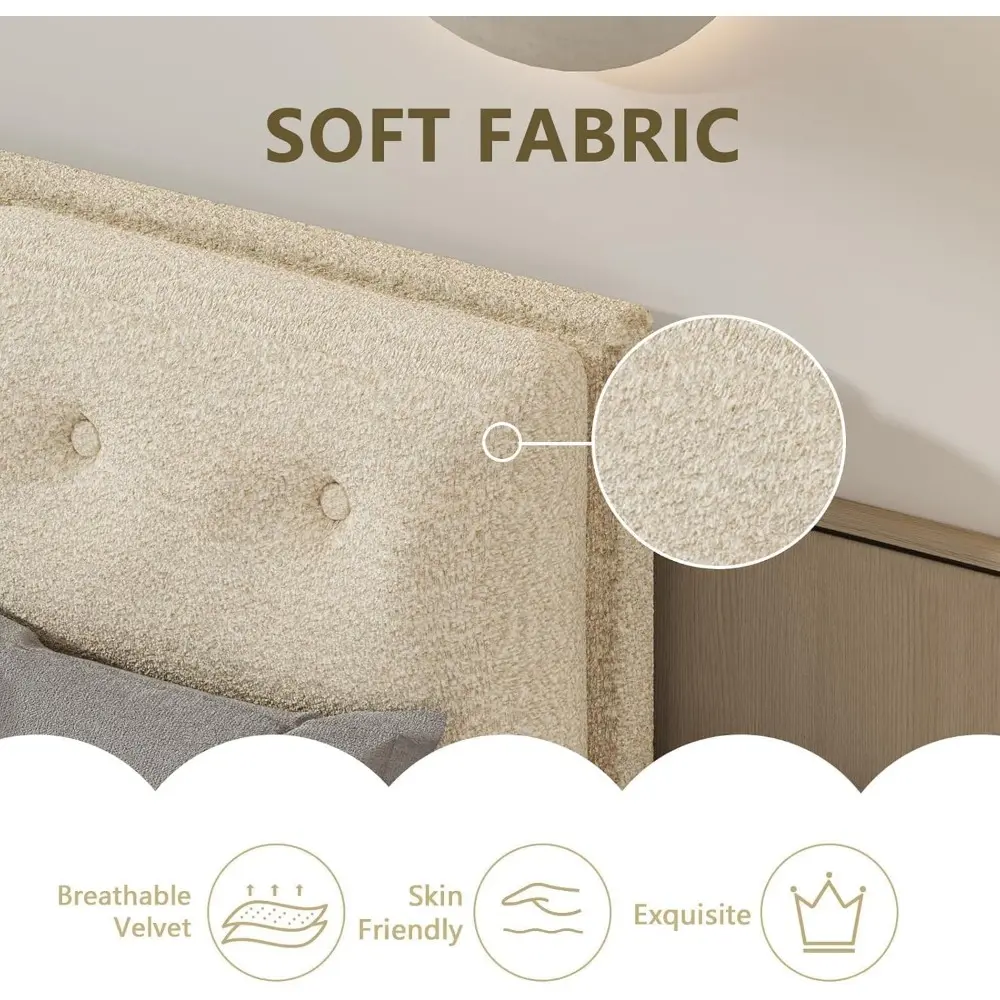 Queen Bed Frame with Headboard, Upholstered Boucle Platform Bed with Headboard, Cloud Bed Frames with Soft Headboard, Wooden Sla