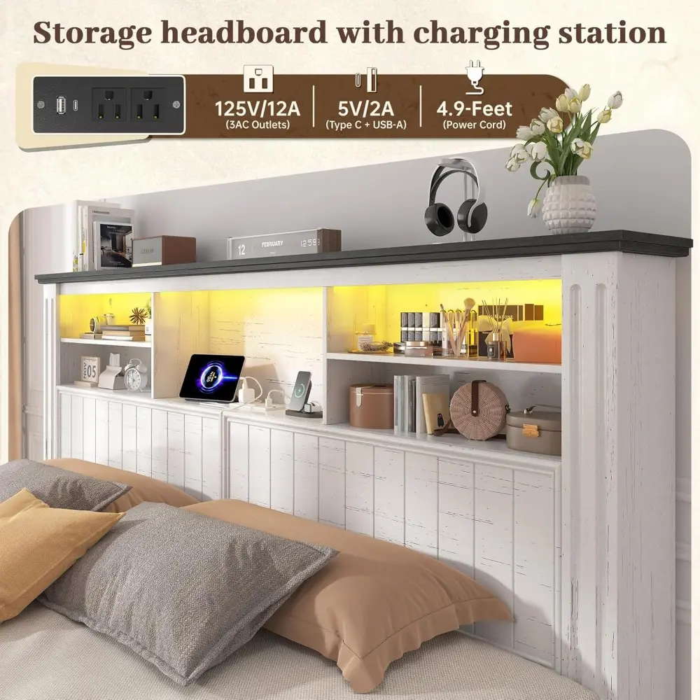 EnHomee King Size Bed Frame and Headboard, King Bed Frame with 4 Drawers USB & LED, Farmhouse Bed Built in Charging Station,No B