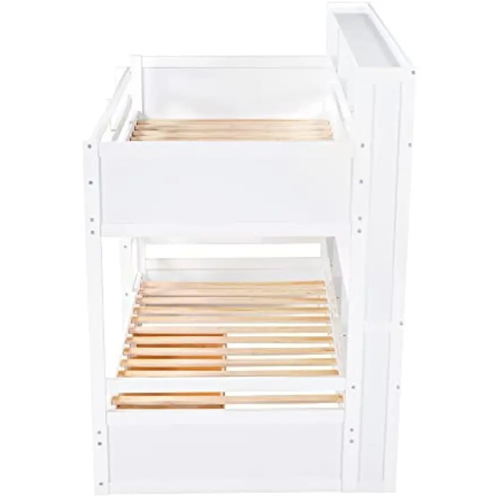 Harper & Bright Designs Twin Over Twin Bunk Bed with Storage Drawer, Solid Wood Bunk Bed with Built-in Shelves Beside Both Upper