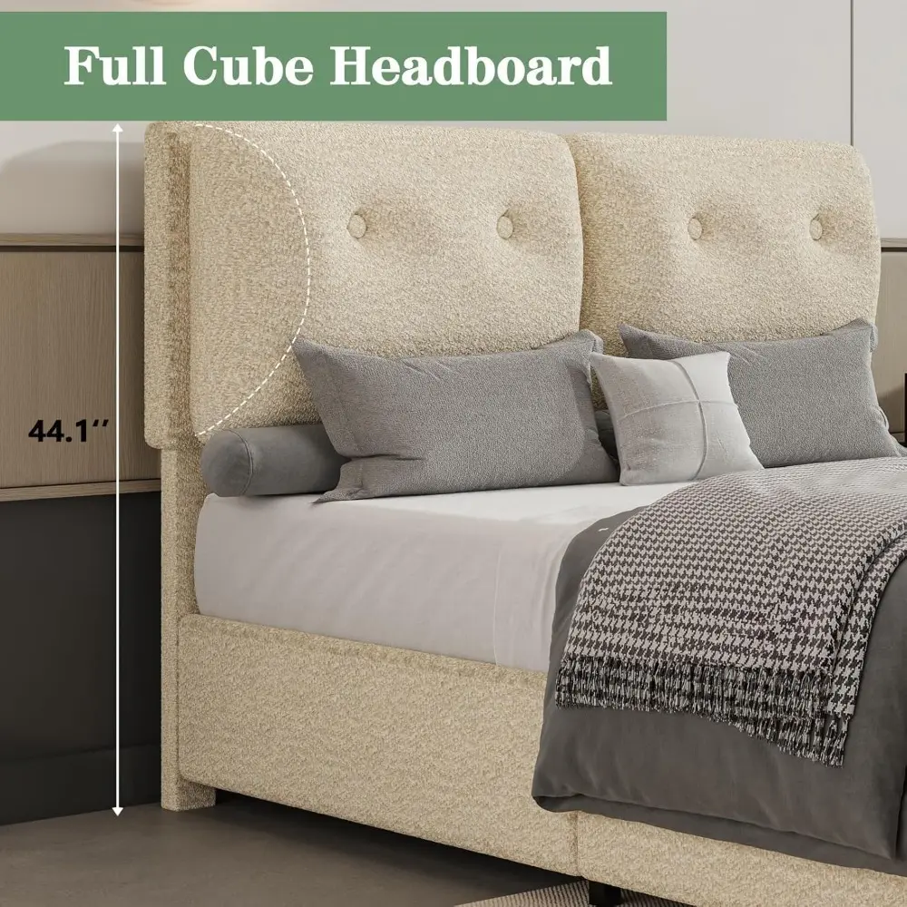 Queen Bed Frame with Headboard, Upholstered Boucle Platform Bed with Headboard, Cloud Bed Frames with Soft Headboard, Wooden Sla