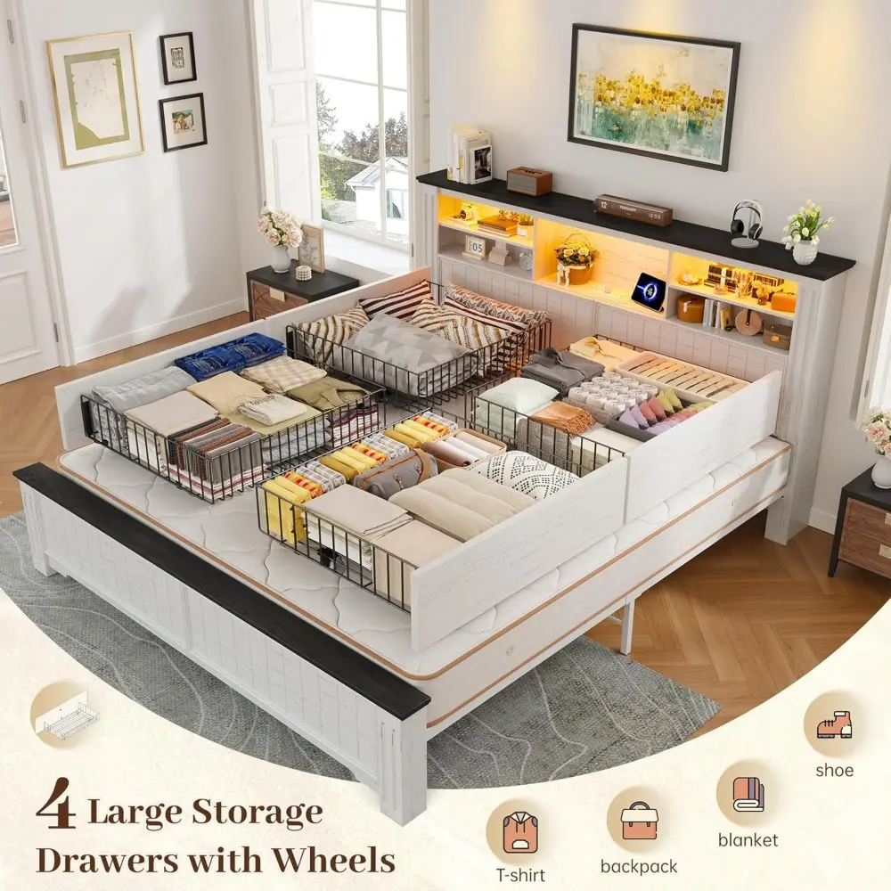 EnHomee King Size Bed Frame and Headboard, King Bed Frame with 4 Drawers USB & LED, Farmhouse Bed Built in Charging Station,No B