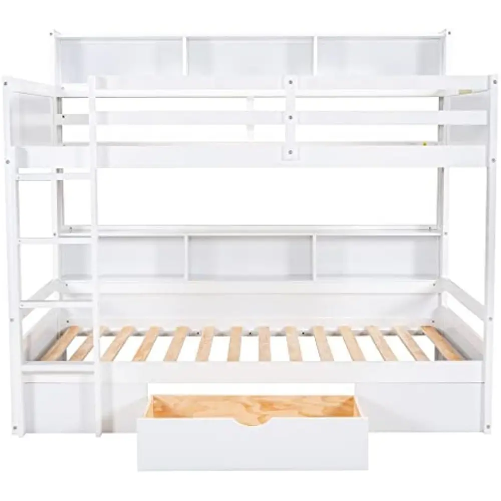 Harper & Bright Designs Twin Over Twin Bunk Bed with Storage Drawer, Solid Wood Bunk Bed with Built-in Shelves Beside Both Upper