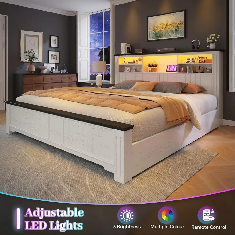 EnHomee King Size Bed Frame and Headboard, King Bed Frame with 4 Drawers USB & LED, Farmhouse Bed Built in Charging Station,No B