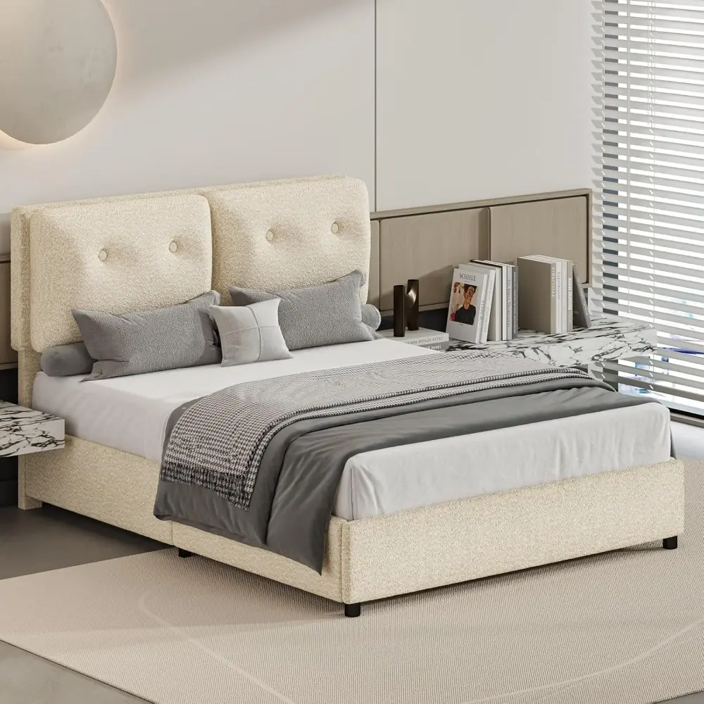 Queen Bed Frame with Headboard, Upholstered Boucle Platform Bed with Headboard, Cloud Bed Frames with Soft Headboard, Wooden Sla