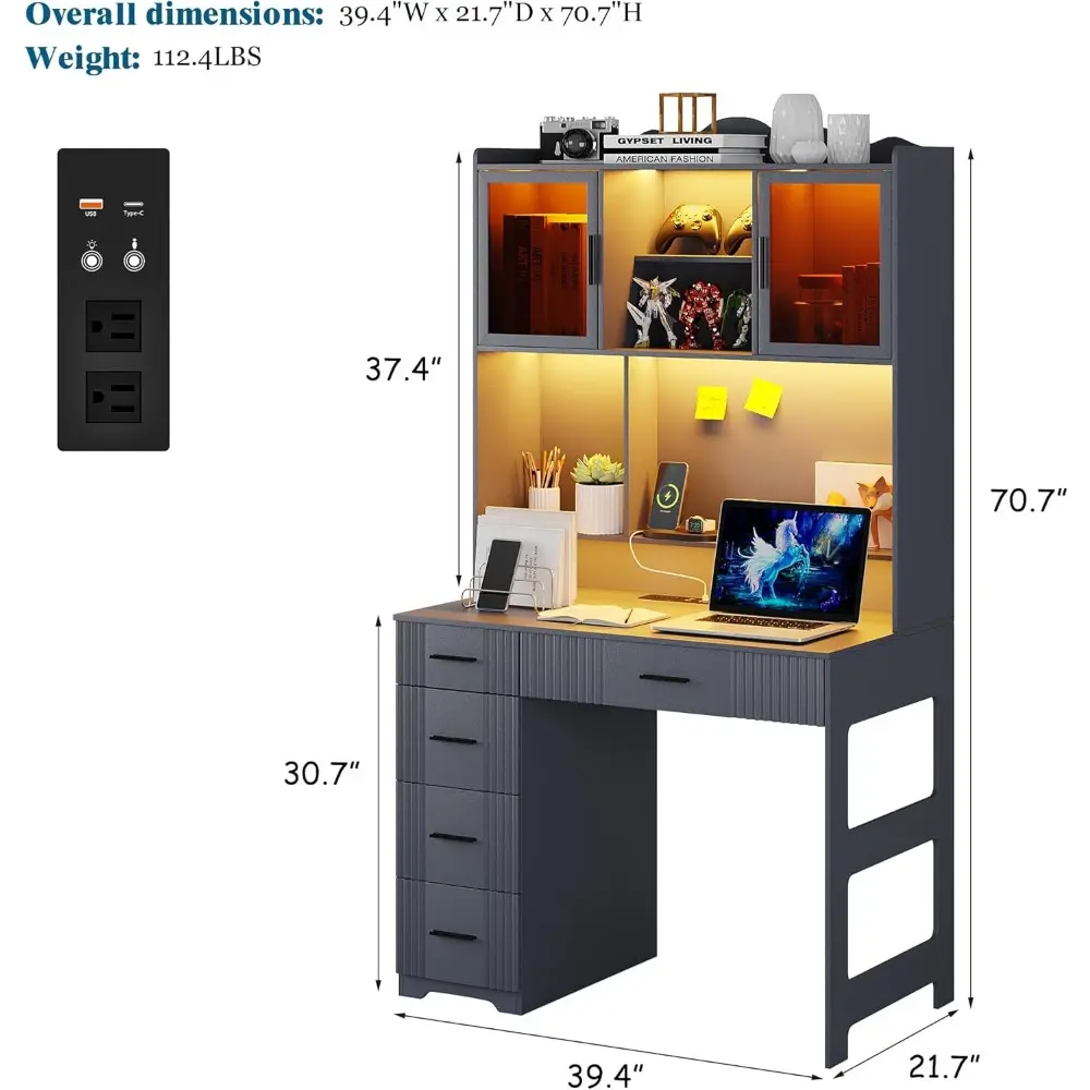 LED Desk with Outlet Charging Station, Home Office Desk with LED Auto Lights, Computer Desk with Hutch and Drawer for Small Spac