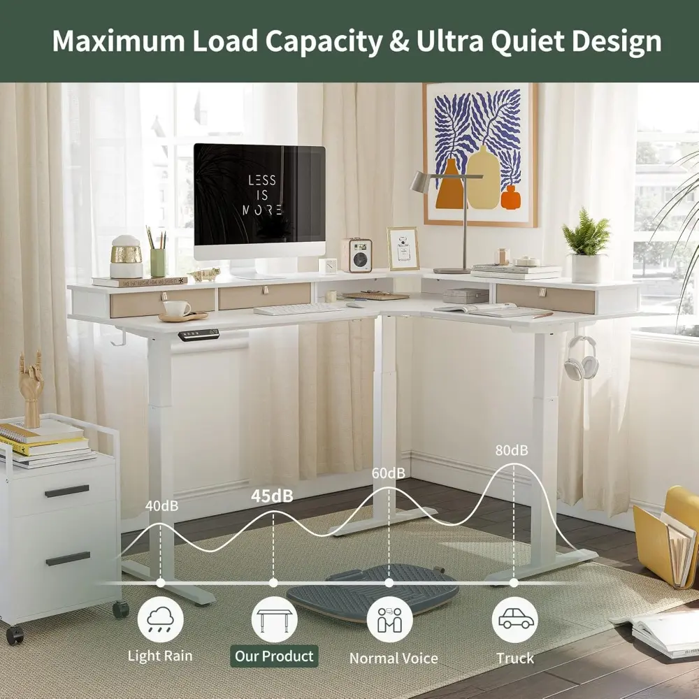 63" L Shaped Standing Desk with Drawers, 330LBS Electric Standing Gaming Desk L Shape, Pure White