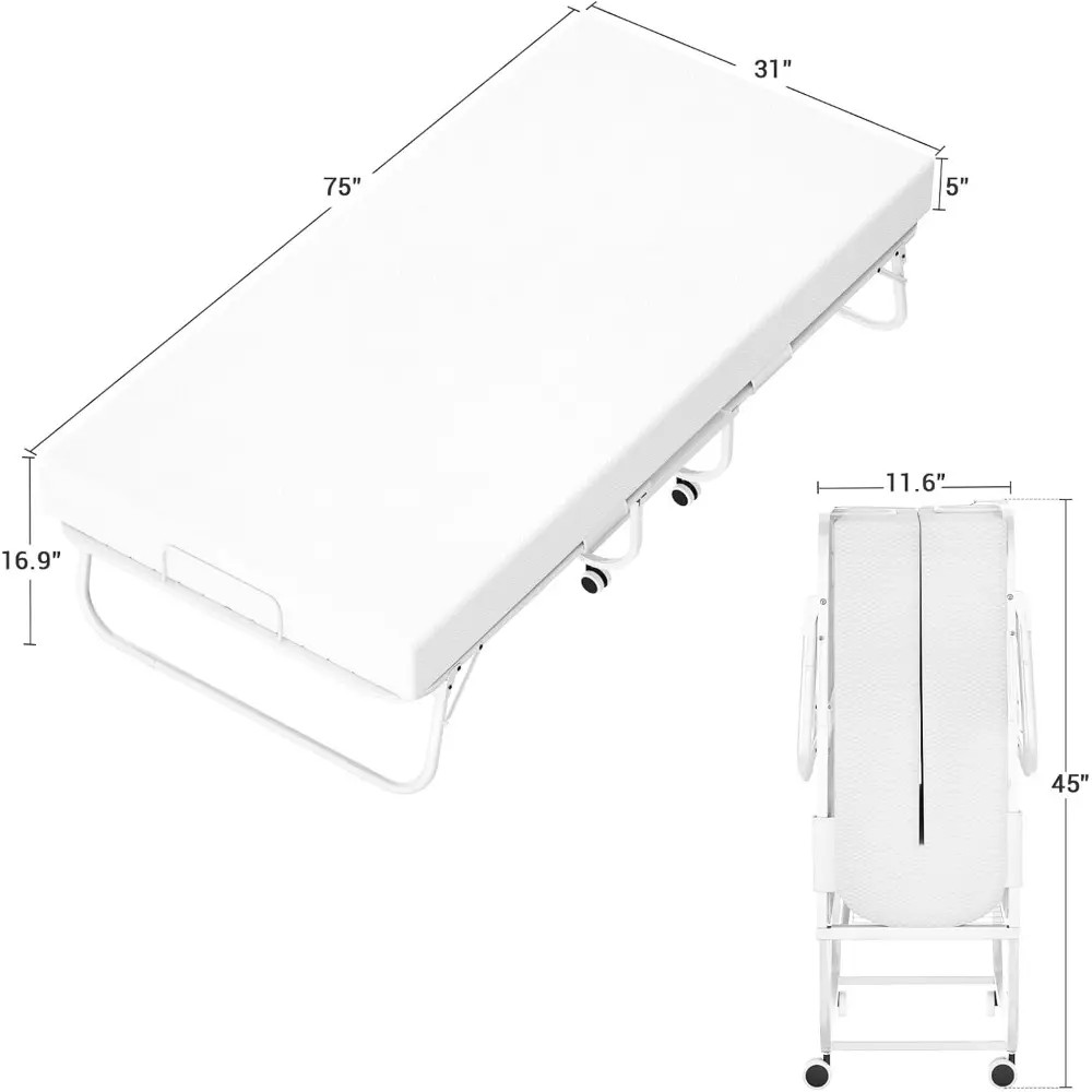 Folding Bed with Mattress for Adults, Portable Rollaway Guest Bed, Cot Size Foldable Bed with Memory Foam Mattress and Metal Fr