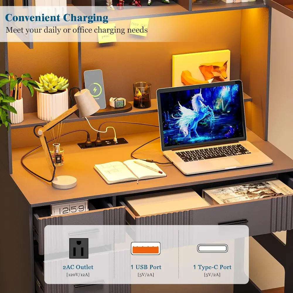 LED Desk with Outlet Charging Station, Home Office Desk with LED Auto Lights, Computer Desk with Hutch and Drawer for Small Spac