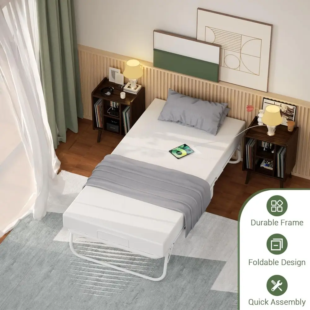 Folding Bed with Mattress for Adults, Portable Rollaway Guest Bed, Cot Size Foldable Bed with Memory Foam Mattress and Metal Fr