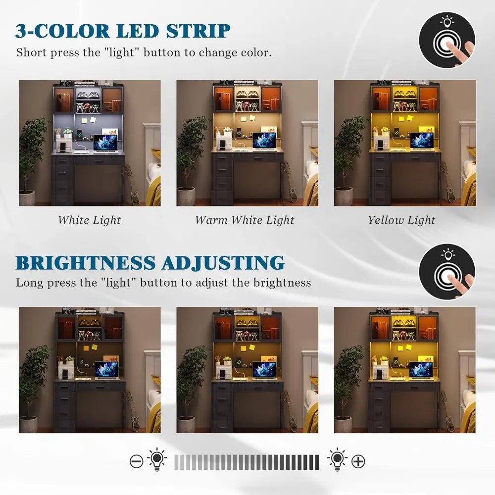 LED Desk with Outlet Charging Station, Home Office Desk with LED Auto Lights, Computer Desk with Hutch and Drawer for Small Spac