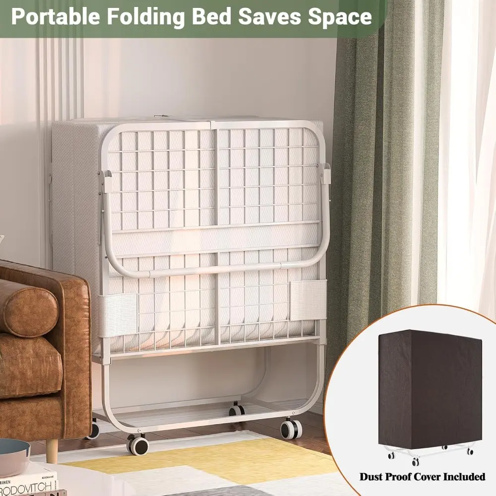 Folding Bed with Mattress for Adults, Portable Rollaway Guest Bed, Cot Size Foldable Bed with Memory Foam Mattress and Metal Fr