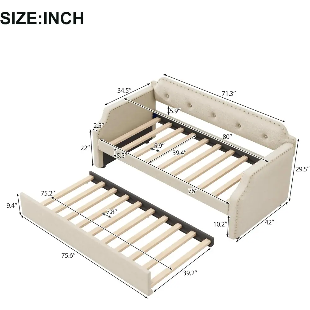 LZ LEISURE ZONE Twin Size Daybed with Trundle, Upholstered Twin Daybed Frame, Sofa Bed for Bedroom Living Room, Beige