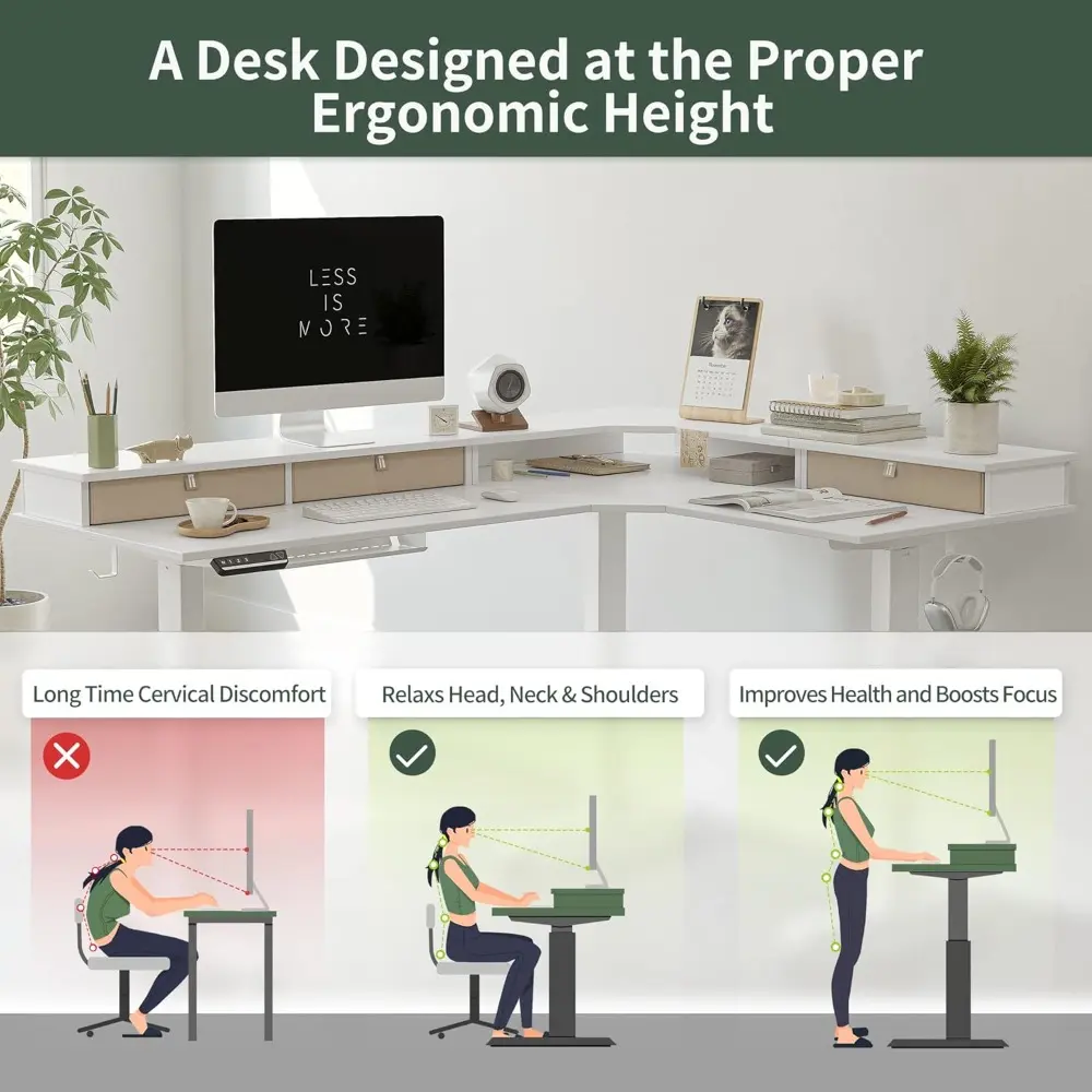 63" L Shaped Standing Desk with Drawers, 330LBS Electric Standing Gaming Desk L Shape, Pure White
