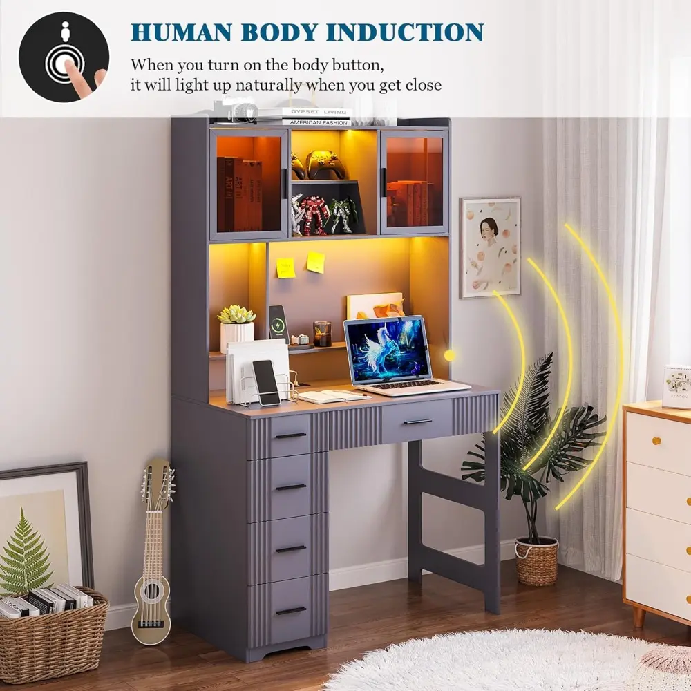 LED Desk with Outlet Charging Station, Home Office Desk with LED Auto Lights, Computer Desk with Hutch and Drawer for Small Spac