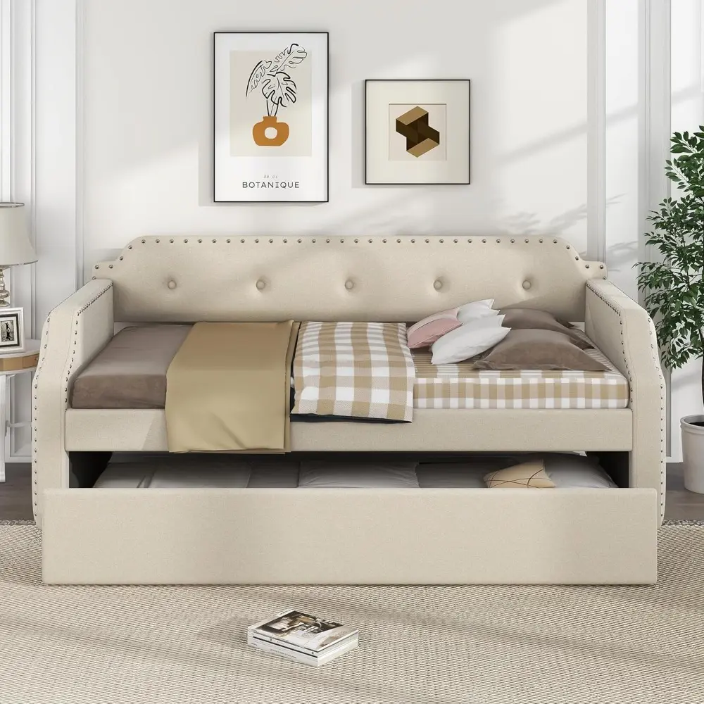 LZ LEISURE ZONE Twin Size Daybed with Trundle, Upholstered Twin Daybed Frame, Sofa Bed for Bedroom Living Room, Beige