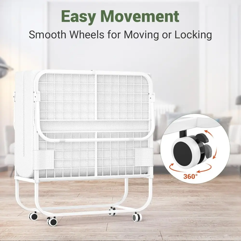 Folding Bed with Mattress for Adults, Portable Rollaway Guest Bed, Cot Size Foldable Bed with Memory Foam Mattress and Metal Fr