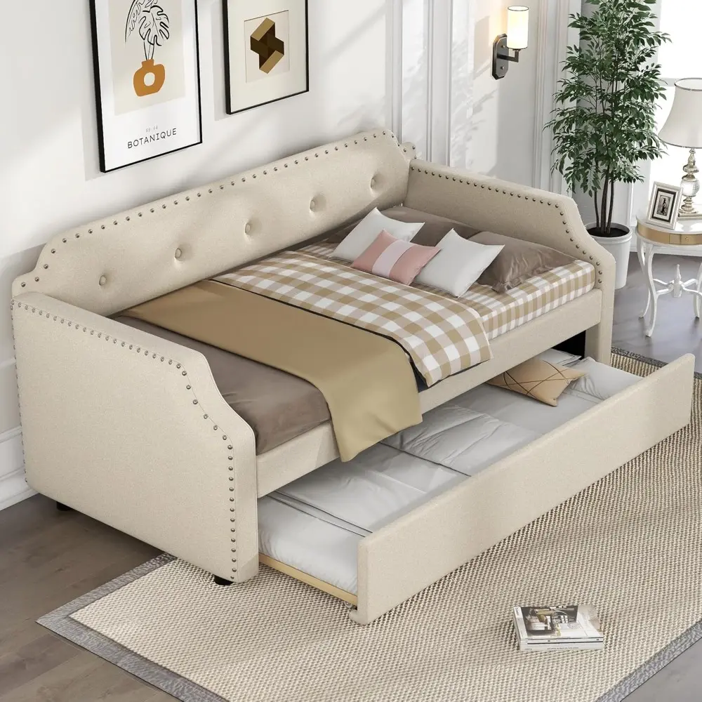 LZ LEISURE ZONE Twin Size Daybed with Trundle, Upholstered Twin Daybed Frame, Sofa Bed for Bedroom Living Room, Beige