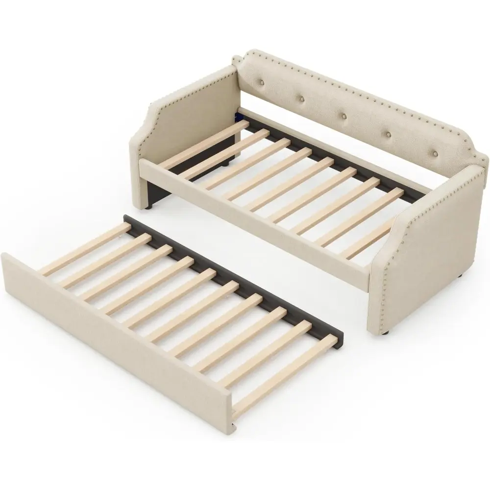 LZ LEISURE ZONE Twin Size Daybed with Trundle, Upholstered Twin Daybed Frame, Sofa Bed for Bedroom Living Room, Beige