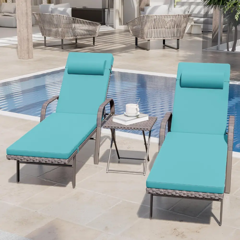 3 Pieces Patio Chaise Lounge Set Outdoor PE Rattan Armrest Lounge Chair Adjustable Backrest Reclining Chair with Folding Table