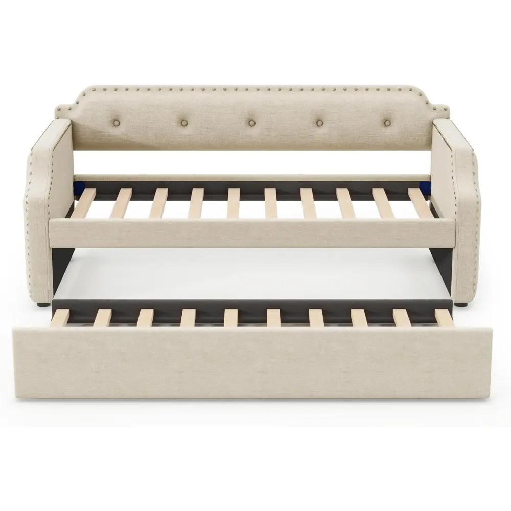 LZ LEISURE ZONE Twin Size Daybed with Trundle, Upholstered Twin Daybed Frame, Sofa Bed for Bedroom Living Room, Beige