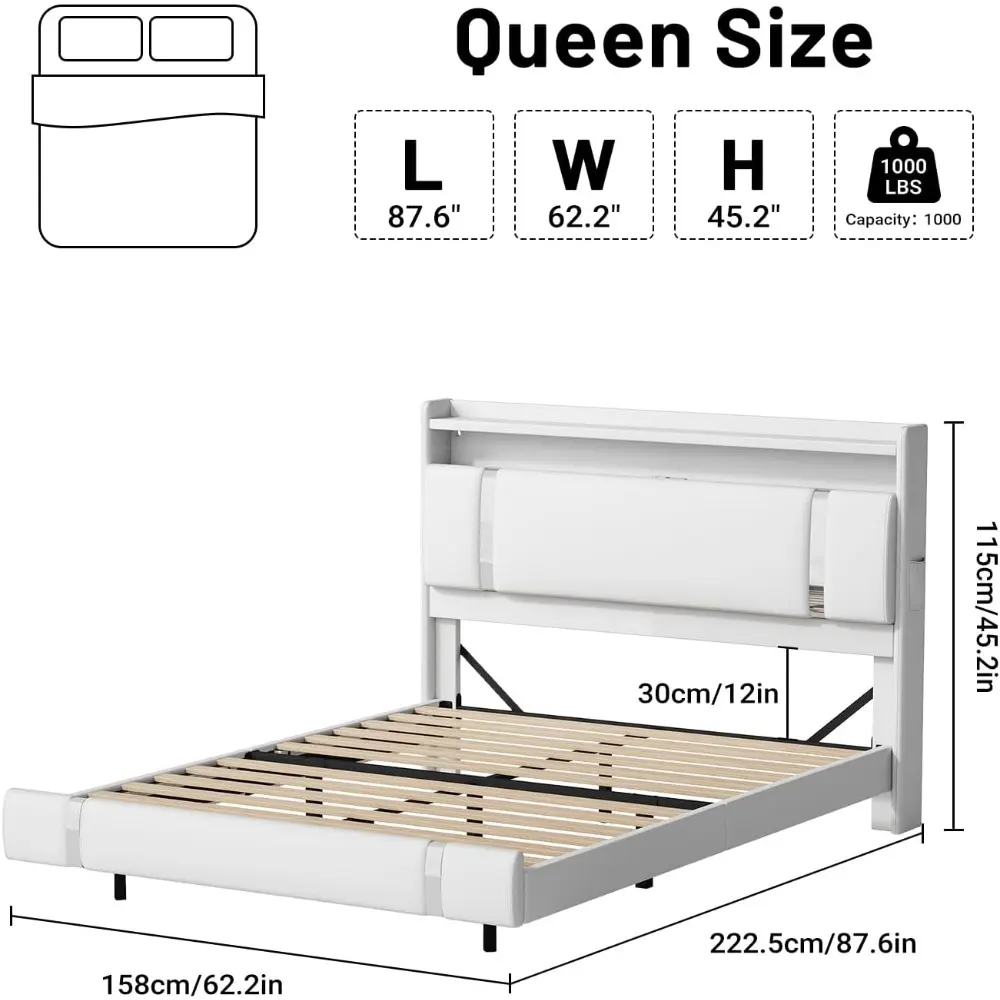 Floating Bed Frame with LED Light and Charging Station, Modern White Queen Size Metal Platform Bed Frame with Storage Headboard,