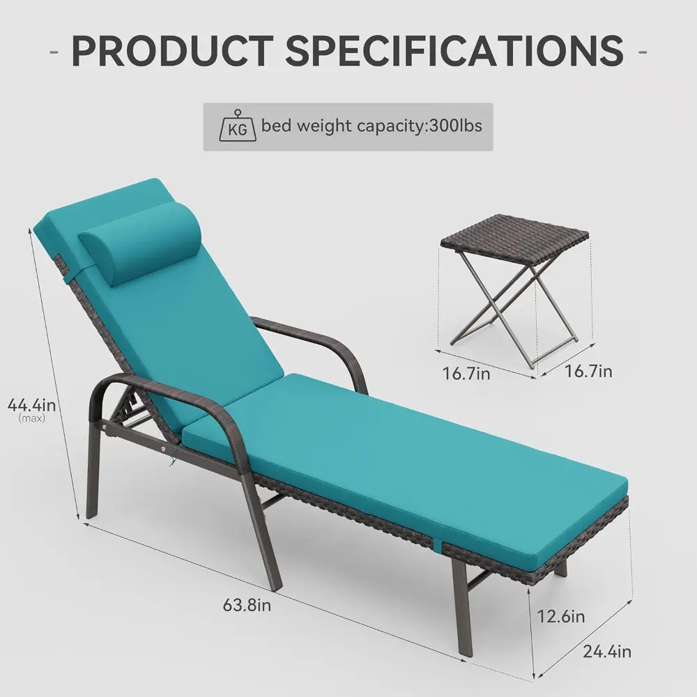 3 Pieces Patio Chaise Lounge Set Outdoor PE Rattan Armrest Lounge Chair Adjustable Backrest Reclining Chair with Folding Table