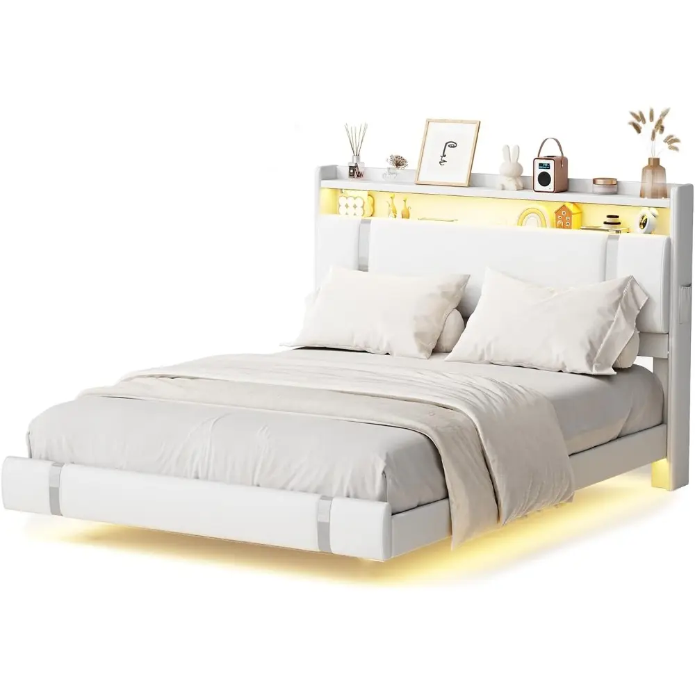 Floating Bed Frame with LED Light and Charging Station, Modern White Queen Size Metal Platform Bed Frame with Storage Headboard,